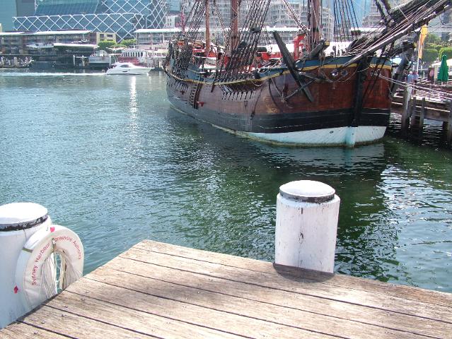 sydney-feb-b 154.JPG - Replica of HMS Endeavour. The original was used by navigator and captain James Cook who in 1770 charted the east coast of Australia, naming it New South Wales and claiming it for the British Crown.